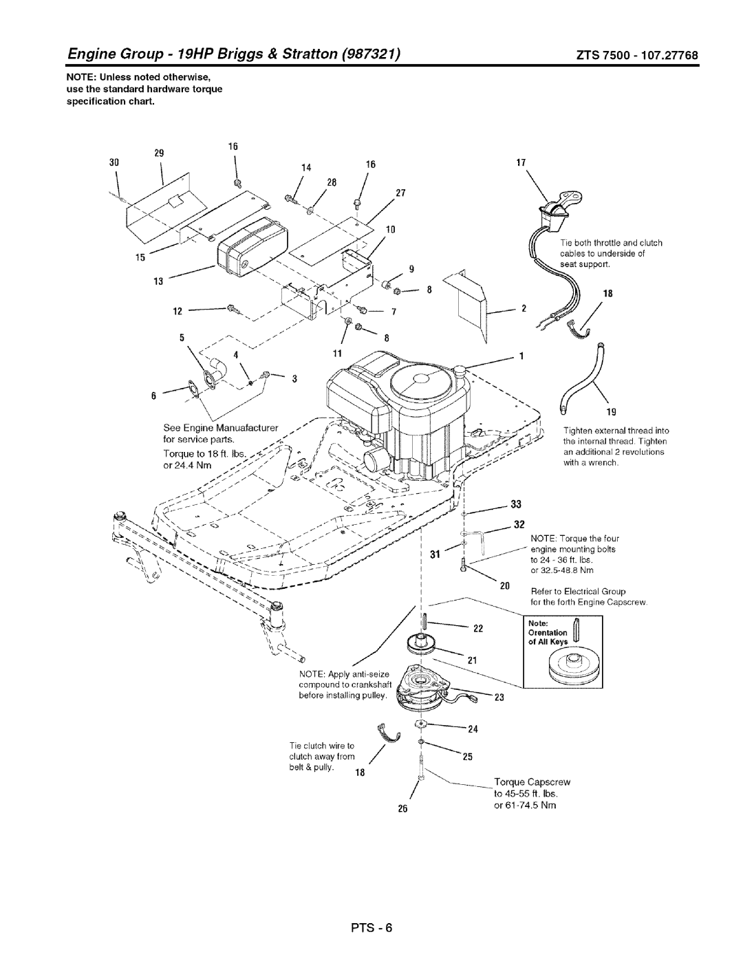 Craftsman 107.27768 manual Utch, Engine Group 19HP Briggs & Stratton ZTS 7500 