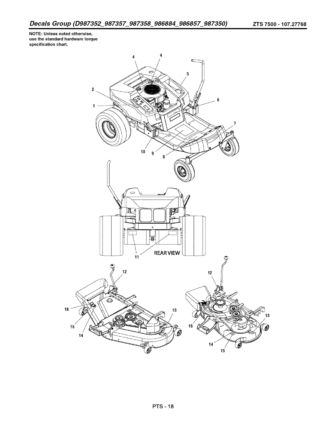 Craftsman 107.27768 manual Decals Group D987352 987357987358986884986857987350 ZTS 7500 