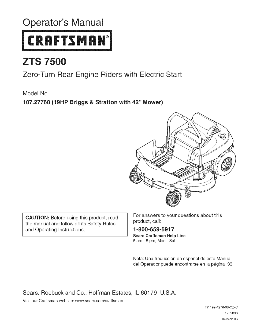 Craftsman 107.27768 manual Operators Manual, Zero-TurnRear Engine Riders with Electric Start, Model No 