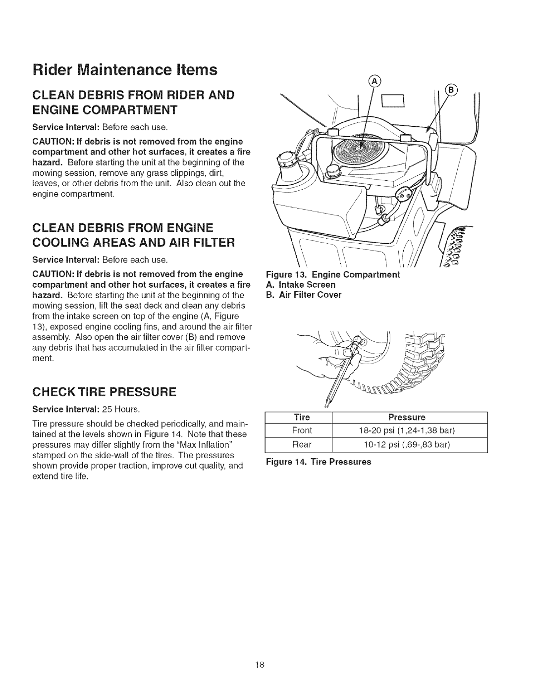 Craftsman 107.27768 manual Rider Maintenance items, Clean Debris From Rider And Engine Compartment, Checktire Pressure 
