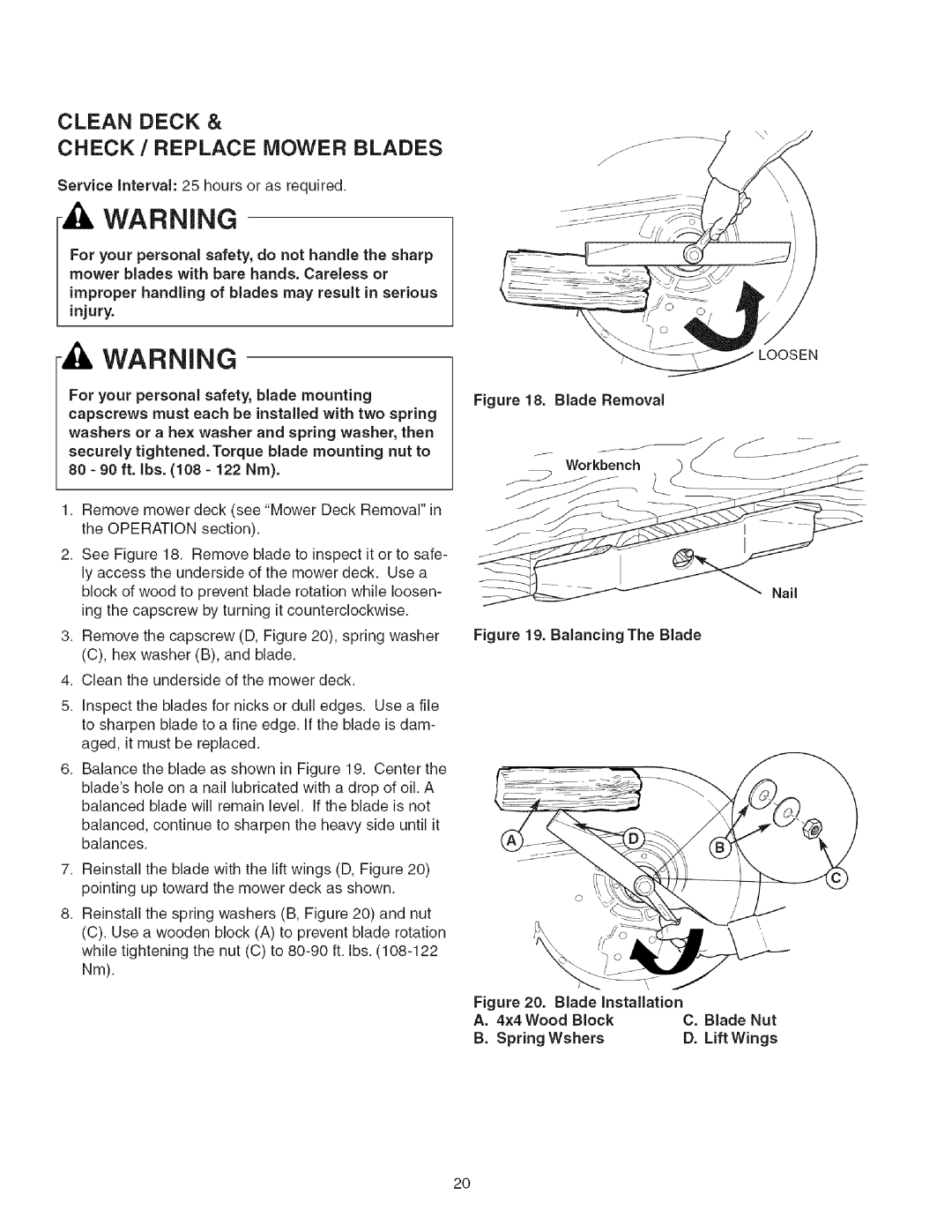 Craftsman 107.27768 manual Clean Deck & Check / Replace Mower Blades, injury 