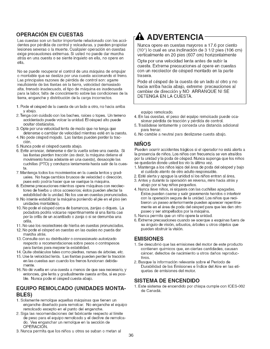 Craftsman 107.27768 manual Advertencia, Operacion En Cuestas, EQUIPO RElVlOLCADO UNIDADES MONTA, Niqos 