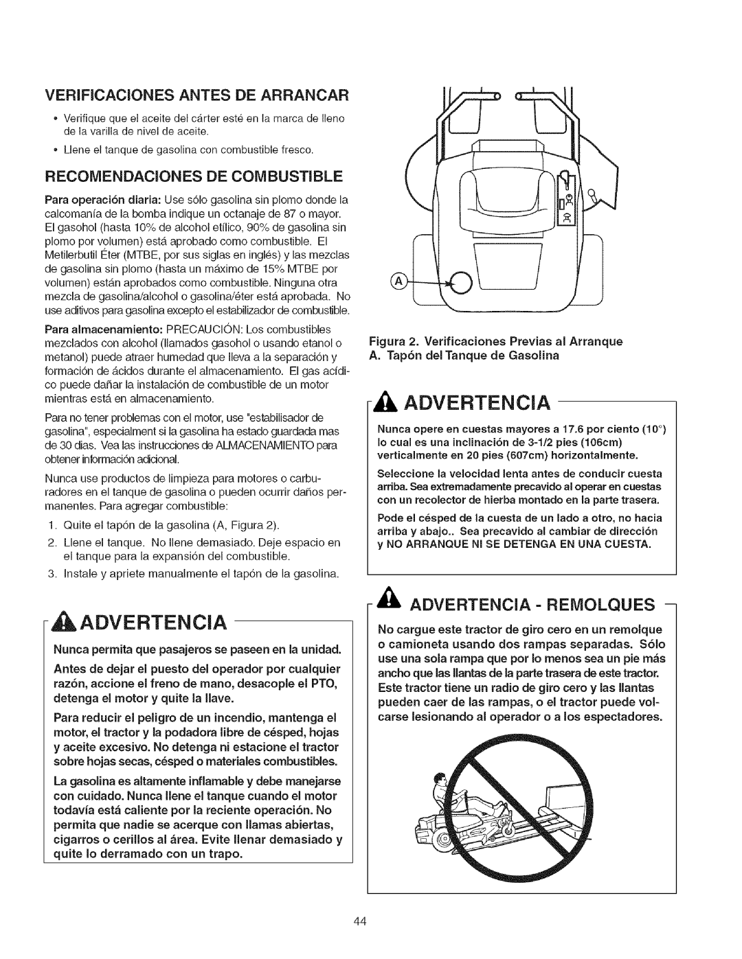 Craftsman 107.27768 manual Advertencia - Reiviolques, Verificaciones Antes De Arrancar, Recomendaciones De Combustible 