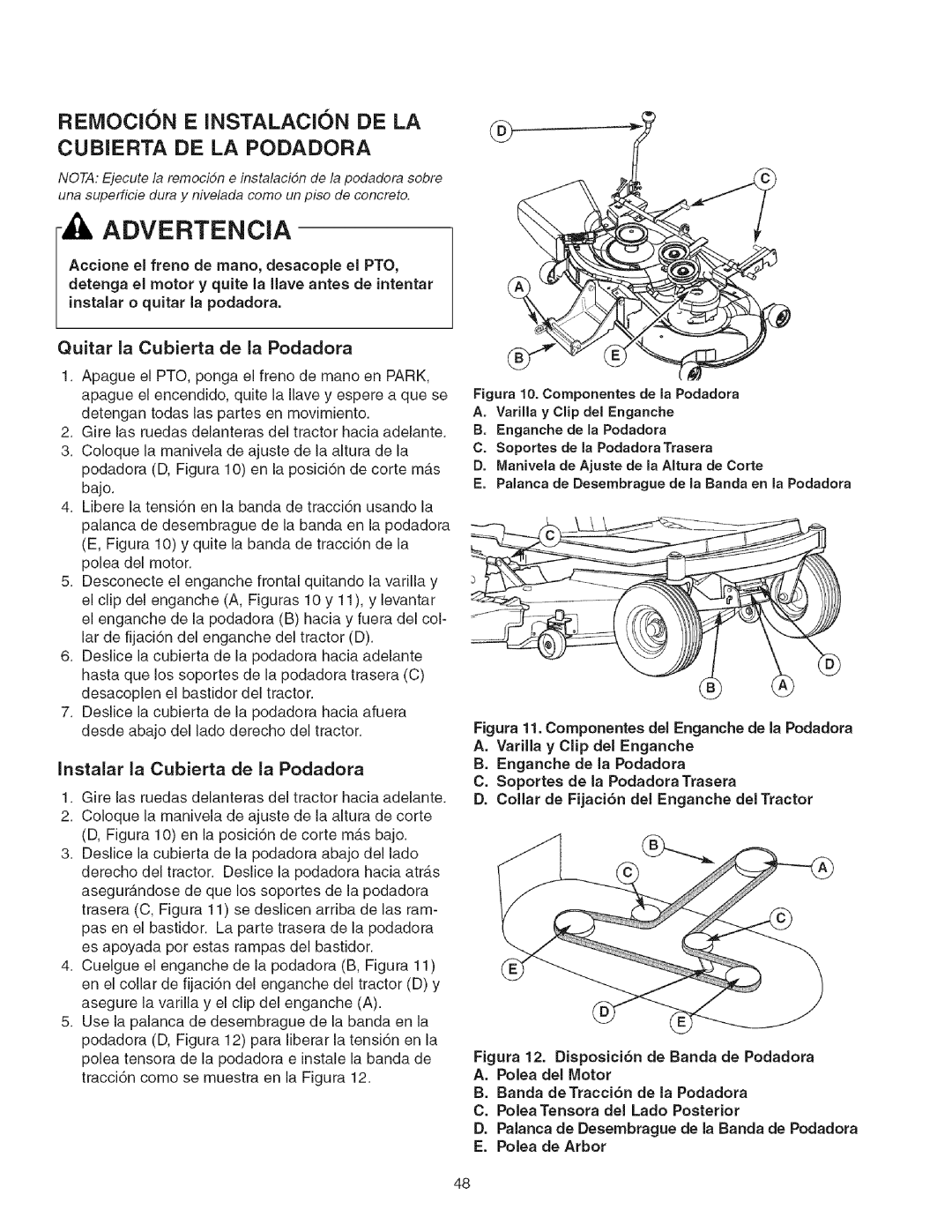 Craftsman 107.27768 Remocion E Instalacion De La, Cubierta De La Podadora, Advertencia, Quitar la Cubierta de la Podadora 