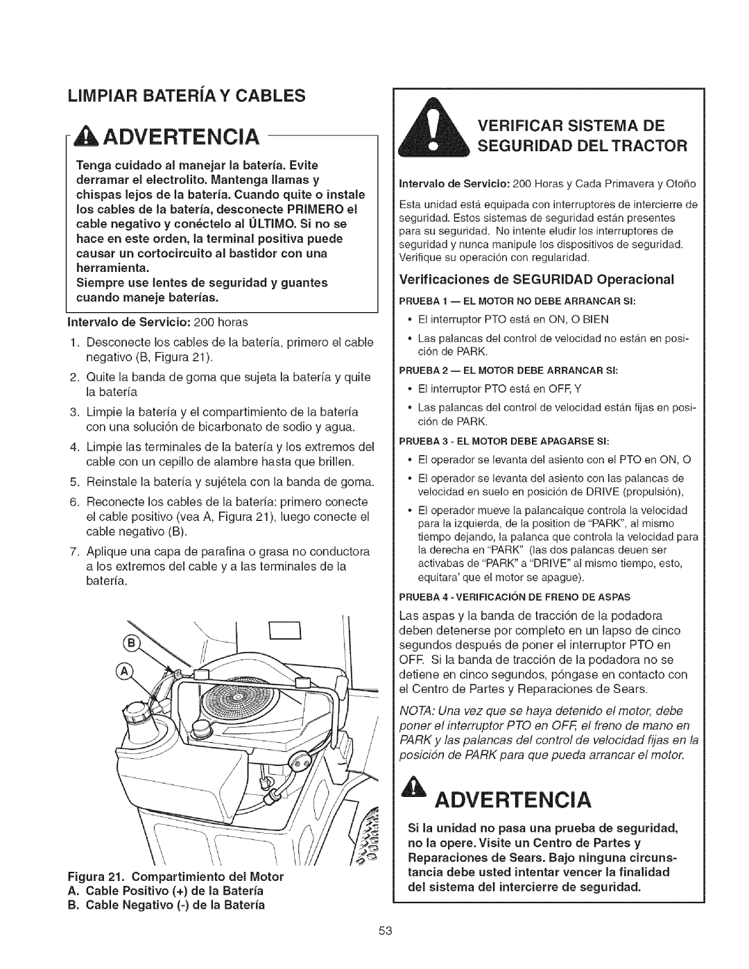 Craftsman 107.27768 manual LIMPIAR BATERiAY CABLES, VERiFICAR SISTENIA DE, Seguridad Del Tractor, Advertencia 