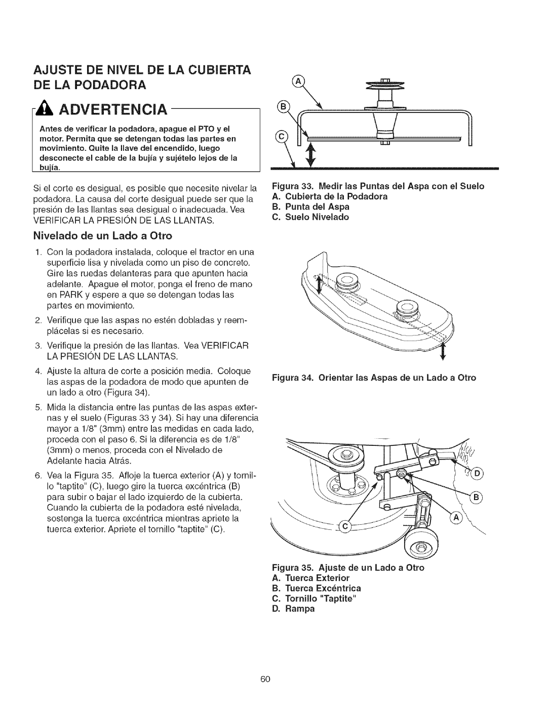 Craftsman 107.27768 manual Ajuste De Nivel De La Cubierta De La Podadora, Advertencia, Nivelado de un Lado a Otto 