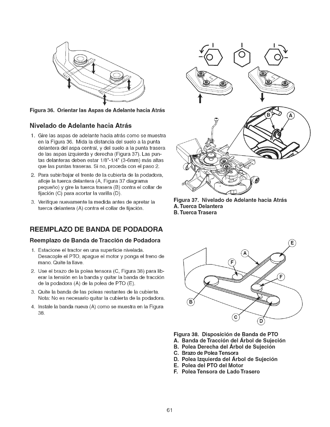 Craftsman 107.27768 manual Reemplazo De Banda De Podadora, Nivelado de Adelante hacia Atr_s, B. Tuerca Trasera 