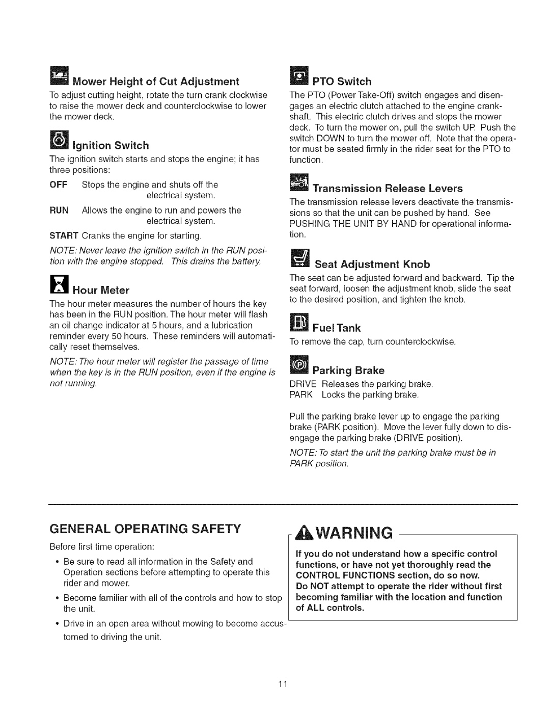 Craftsman 107.2777 manual General Operating Safety, Ignition Switch, Hour Meter, Parking Brake 