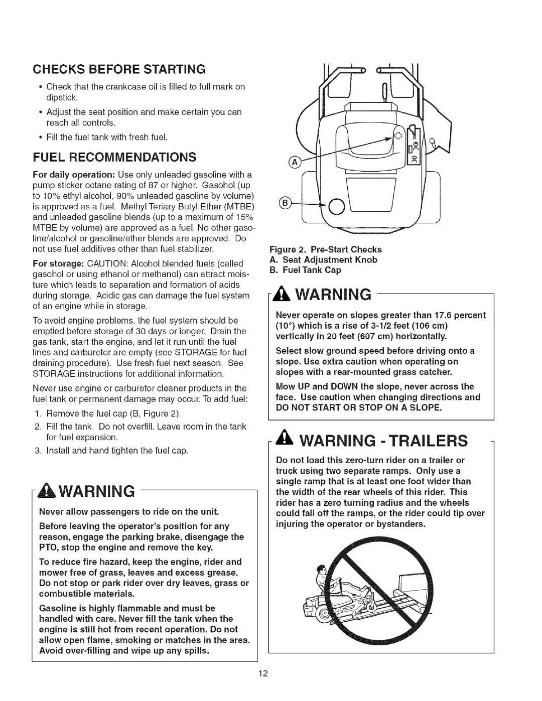 Craftsman 107.2777 manual Checks Before Starting, Fuel Recommendations, Avoid over=filling and wipe up any spills 