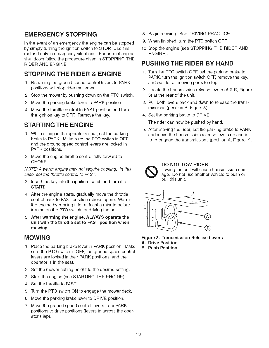 Craftsman 107.2777 Emergency Stopping, Stopping the Rider & Engine, Starting the Engine, Mowing, Pushing the Rider by Hand 