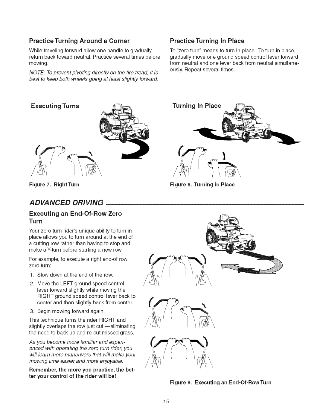 Craftsman 107.2777 Practice Turning Around a Corner, Executing Turns Turning In Place, Executing an End=Of=Row Zero Turn 