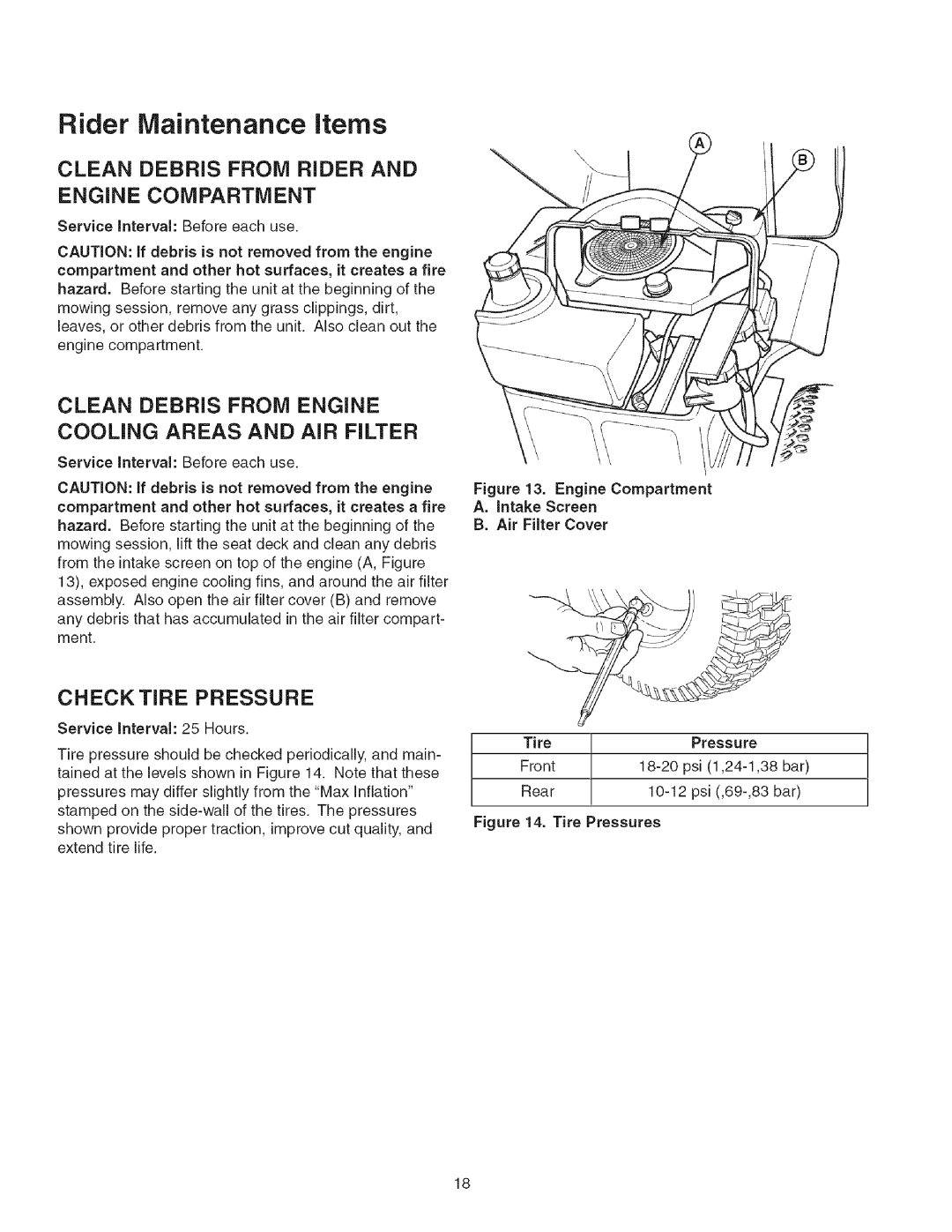 Craftsman 107.2777 Clean Debris from Rider and Engine Compartment, Clean Debris from Engine Cooling Areas and AIR Filter 