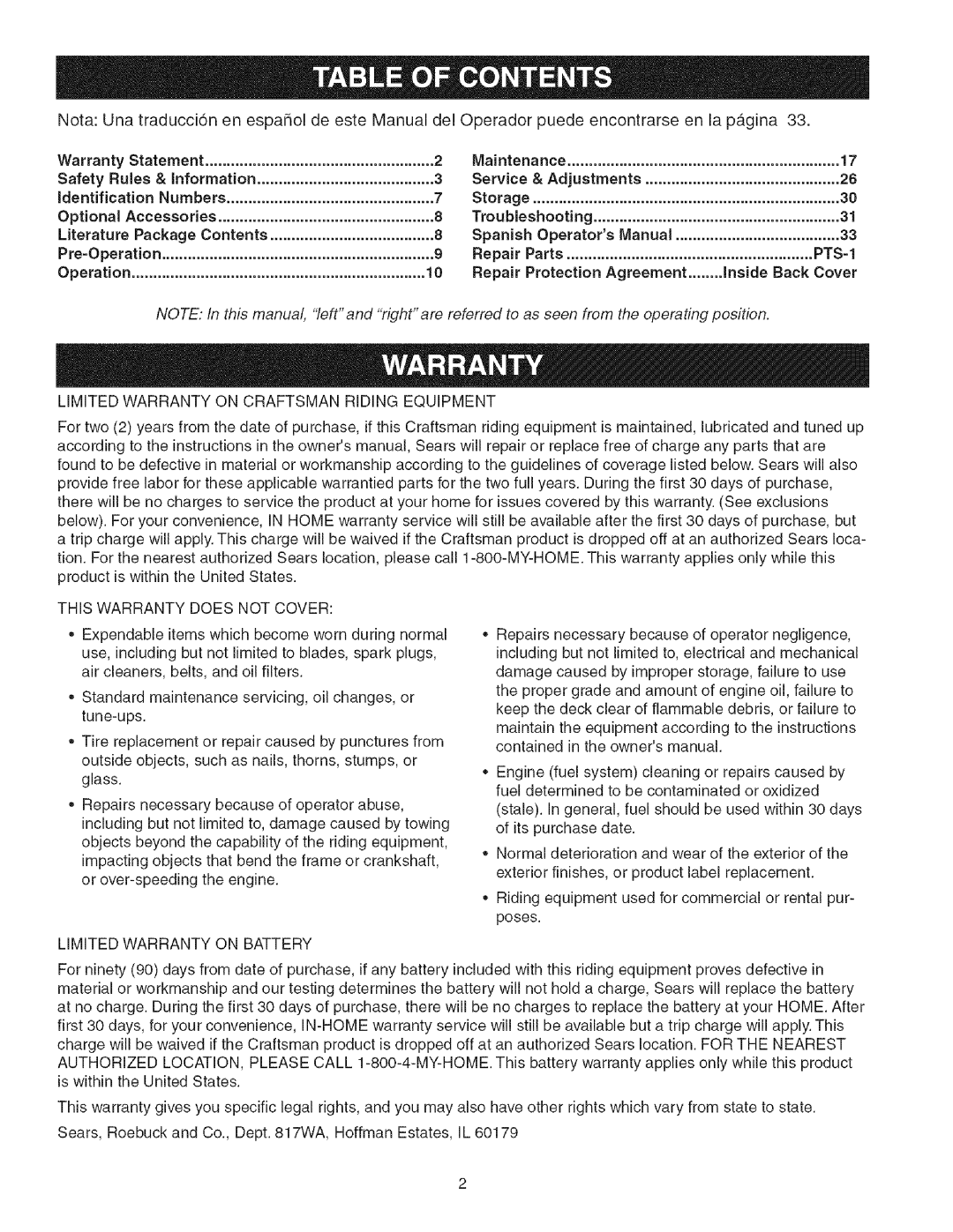 Craftsman 107.2777 manual Identification, Pts=I, Limited Warranty on Battery 