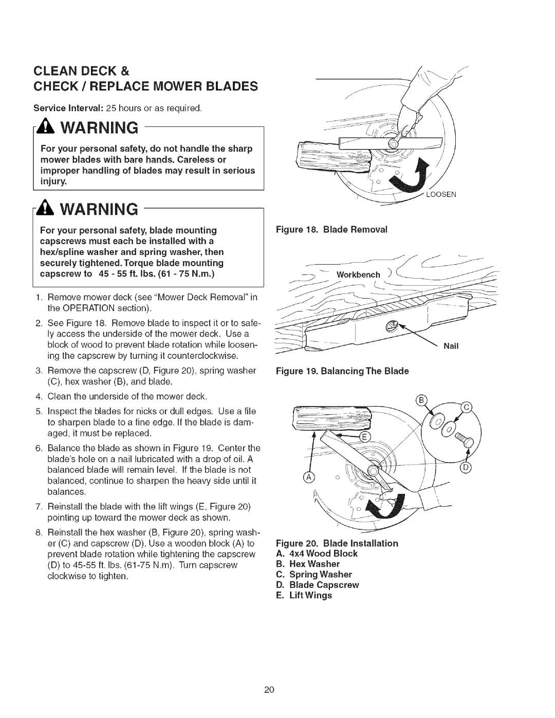 Craftsman 107.2777 manual Clean Deck Check / Replace Mower Blades, Workbench 