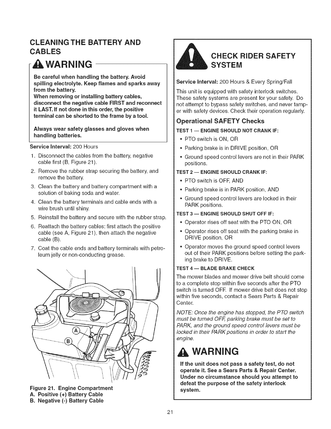 Craftsman 107.2777 manual Cleaning the Battery and Cables, Check Rider Safety System, Operational Safety Checks 