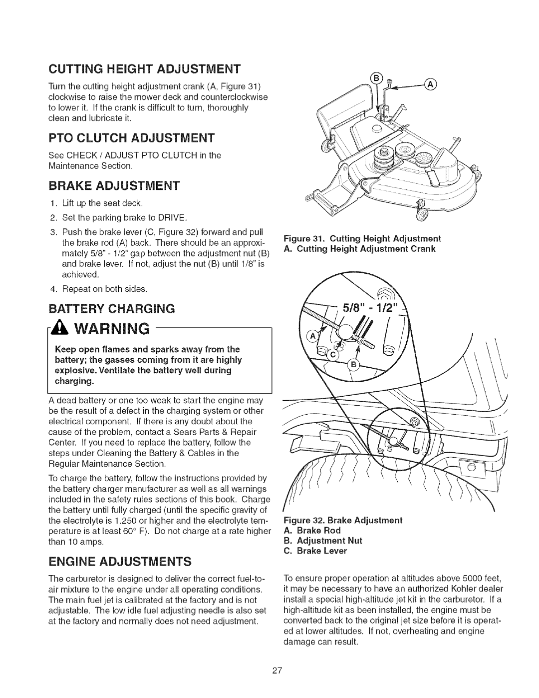 Craftsman 107.2777 manual Cutting Height Adjustment, PTO Clutch Adjustment, Brake Adjustment, Battery Charging 