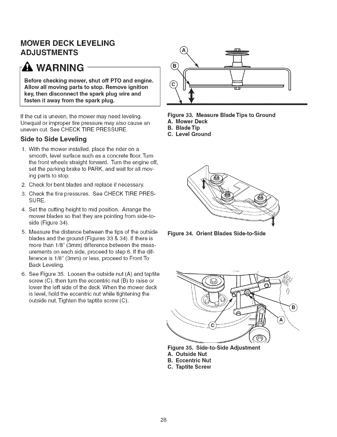 Craftsman 107.2777 manual Mower Deck Leveling Adjustments, Orient Blades Side-to-Side 