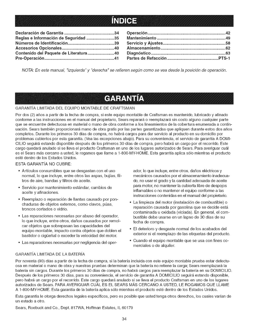 Craftsman 107.2777 manual PTS-1, Garantia Limitada DEL Equipo Montable DE Craftsman, Garantia Limitada DE LA Bateria 