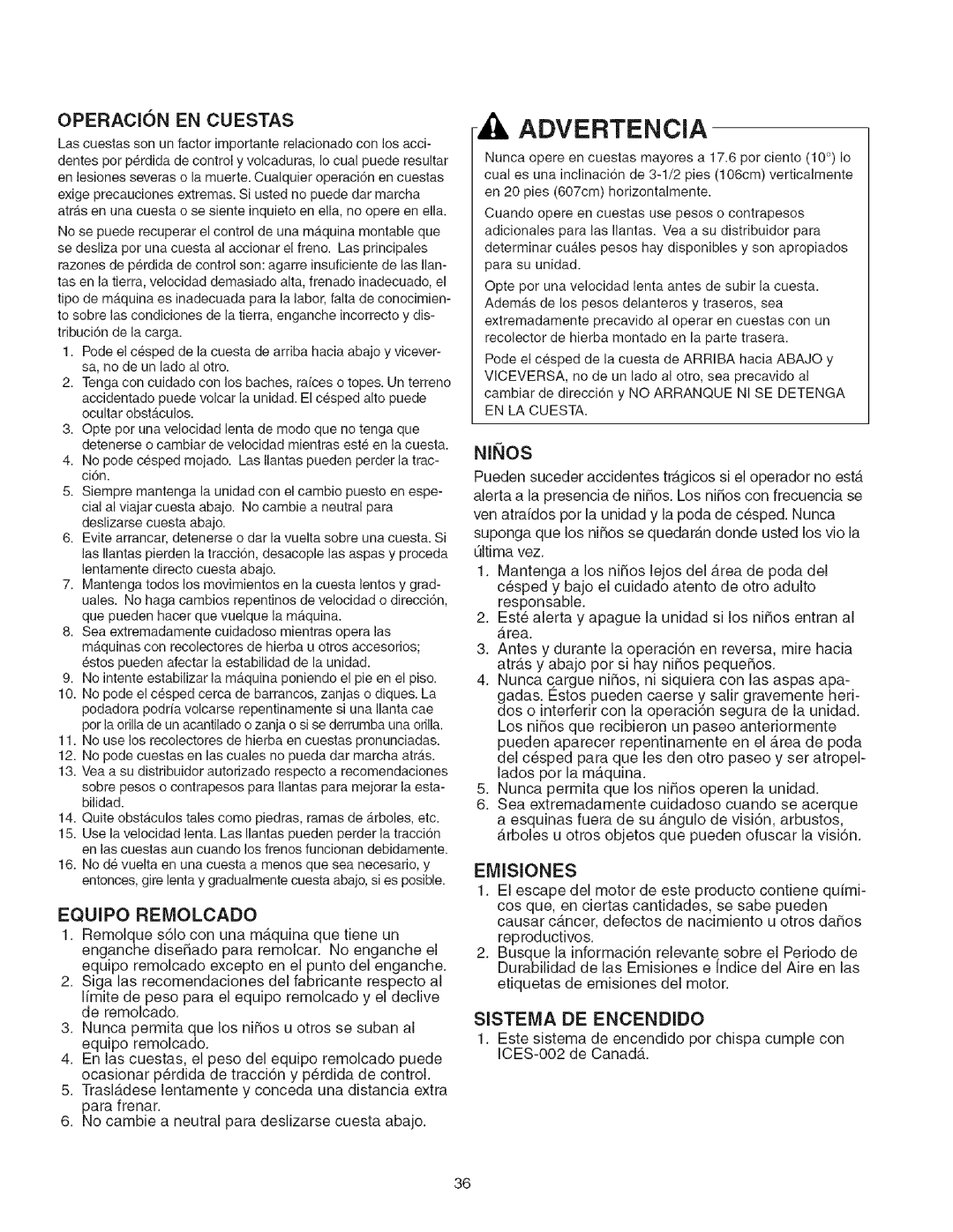 Craftsman 107.2777 manual Sistema DE Encendido, Operacion EN Cuestas 