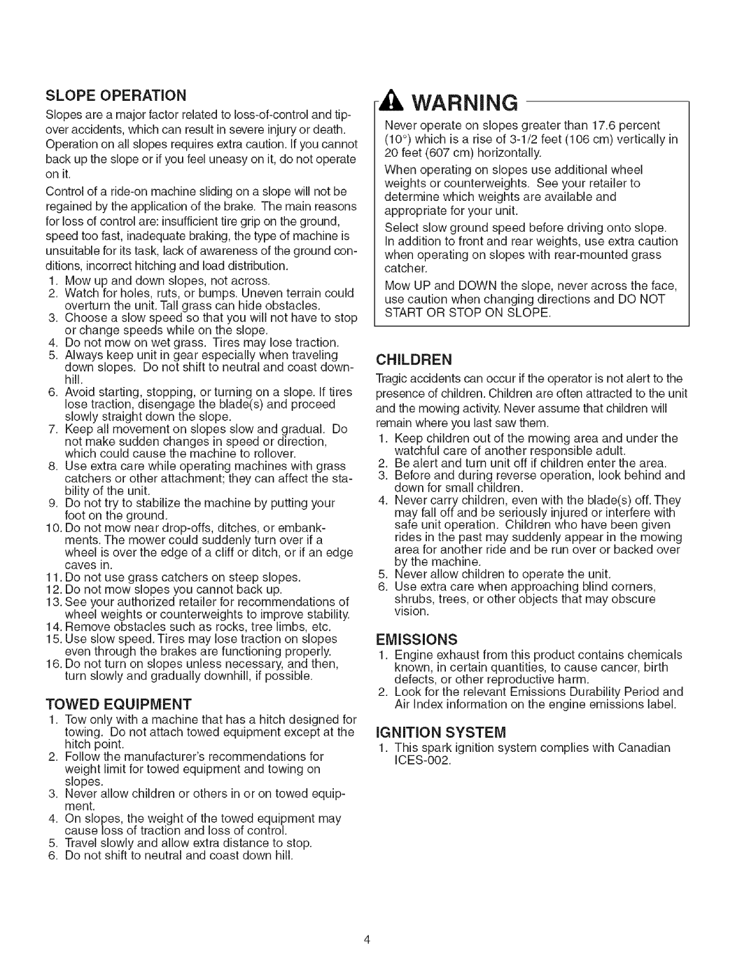 Craftsman 107.2777 manual Emissions, Slope Operation 