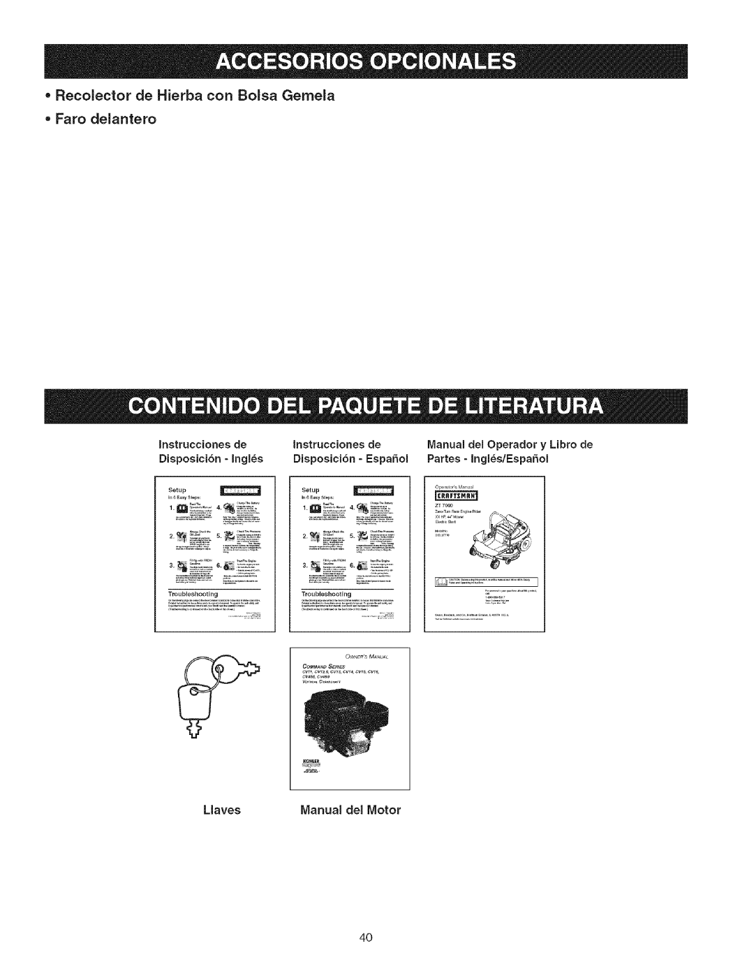 Craftsman 107.2777 manual Recolector de Hierba con Bolsa Gemela Faro delantero, Llaves Manual del Motor 