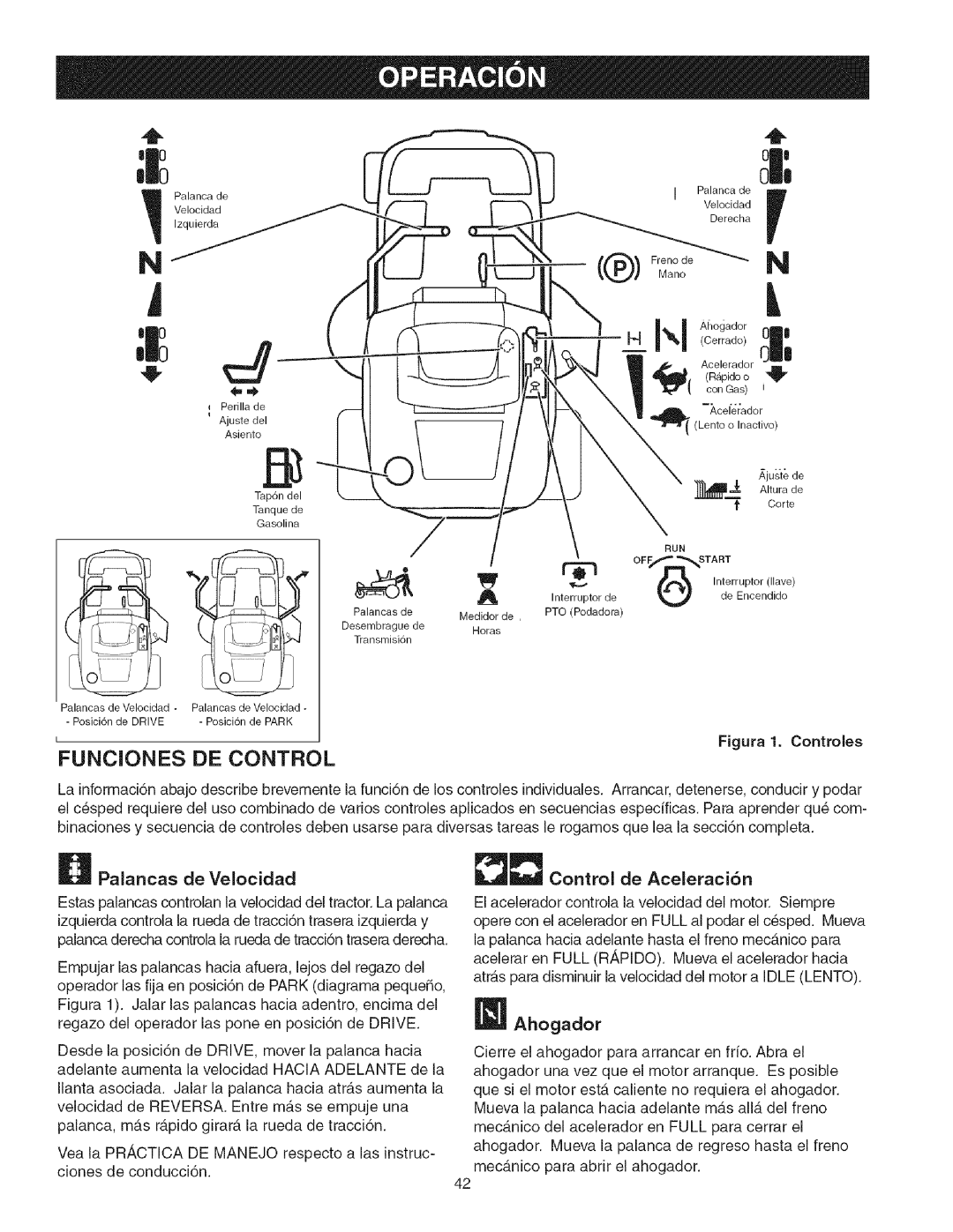 Craftsman 107.2777 manual DE Control, Ahogador, Palancas De Velocidad Control De Aceleraci6n 