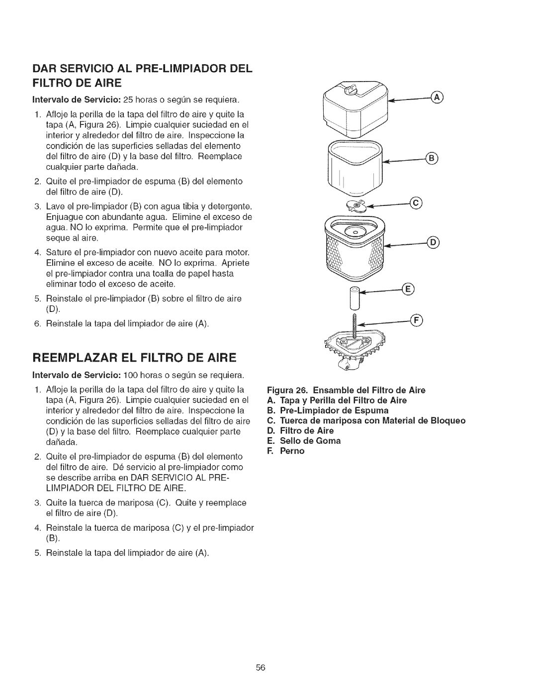 Craftsman 107.2777 manual Reeiviplazar EL Filtro DE Aire, Limpiador DEL Filtro DE Aire, Perno 