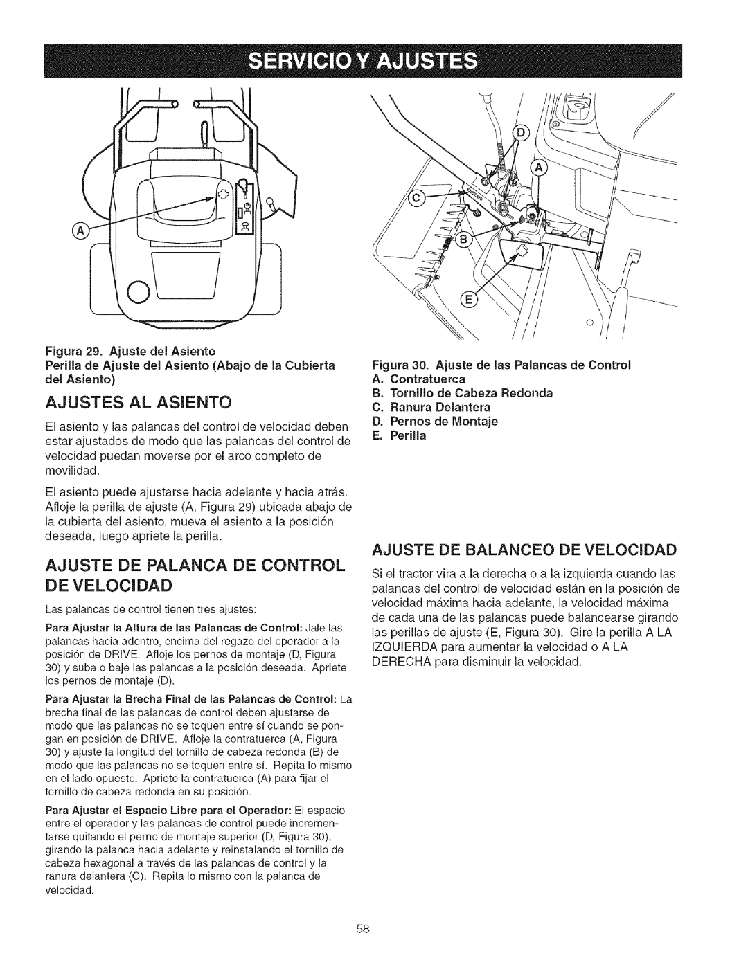 Craftsman 107.2777 manual Ajustes AL Asiento, Ajuste DE Palanca DE Control, Ajuste DE Balanceo DE Velocidad 