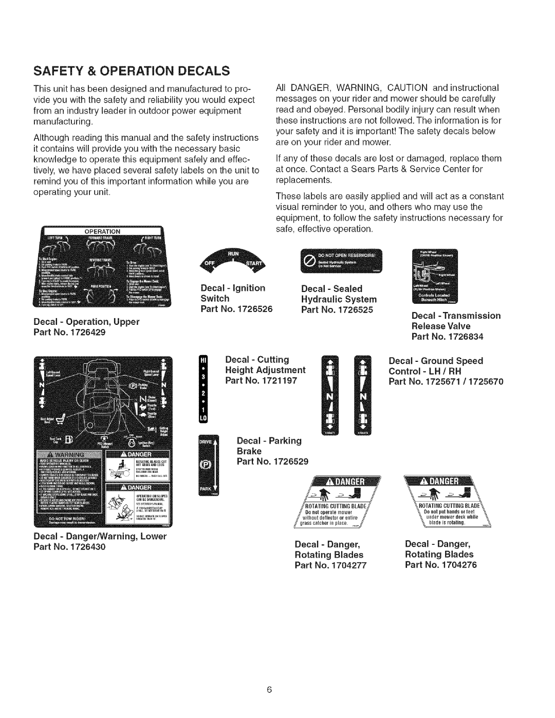 Craftsman 107.2777 manual Safety & Operation Decals, Height Adjustment 