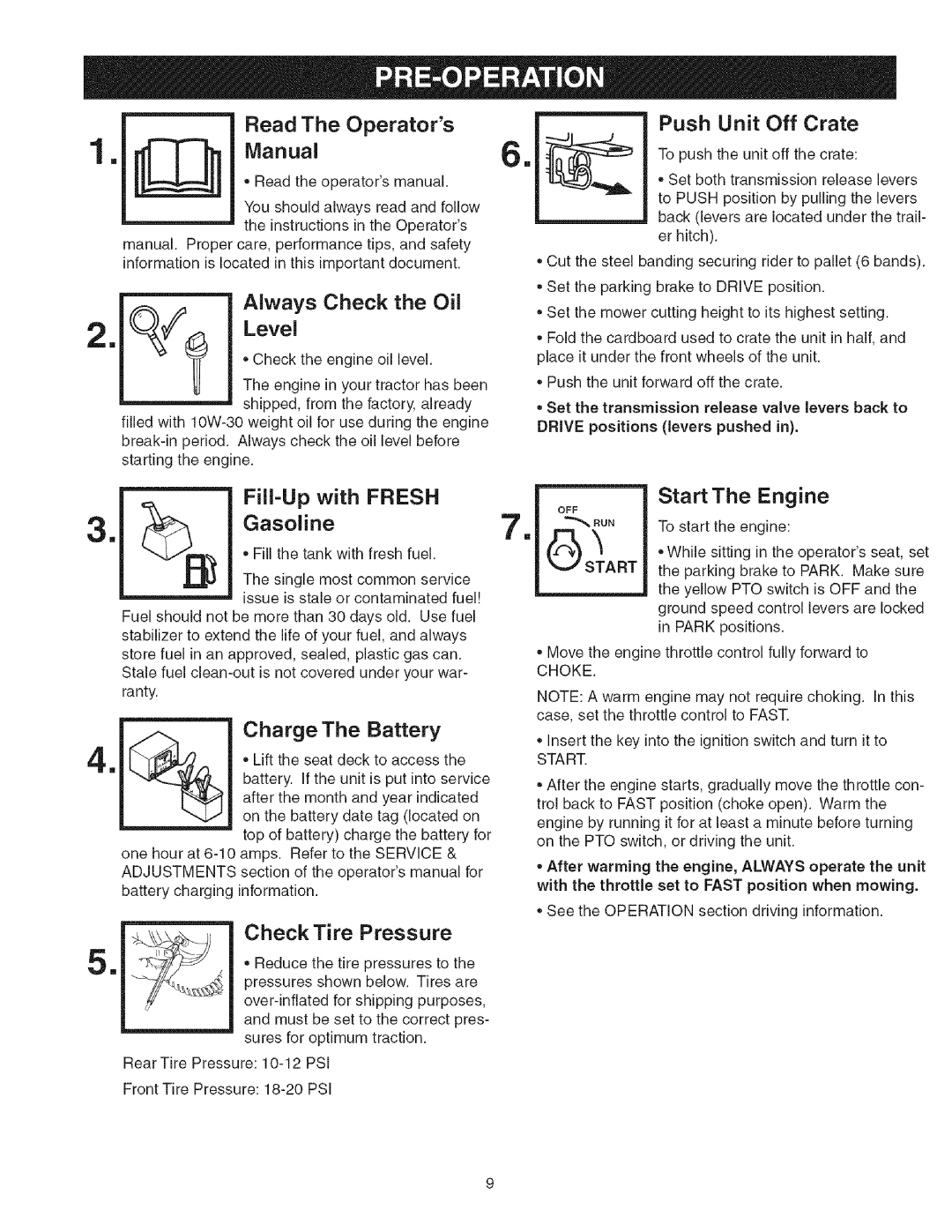 Craftsman 107.2777 manual To push Unit off the crate, Drive positions levers pushed, Charging information, Start, Choke 