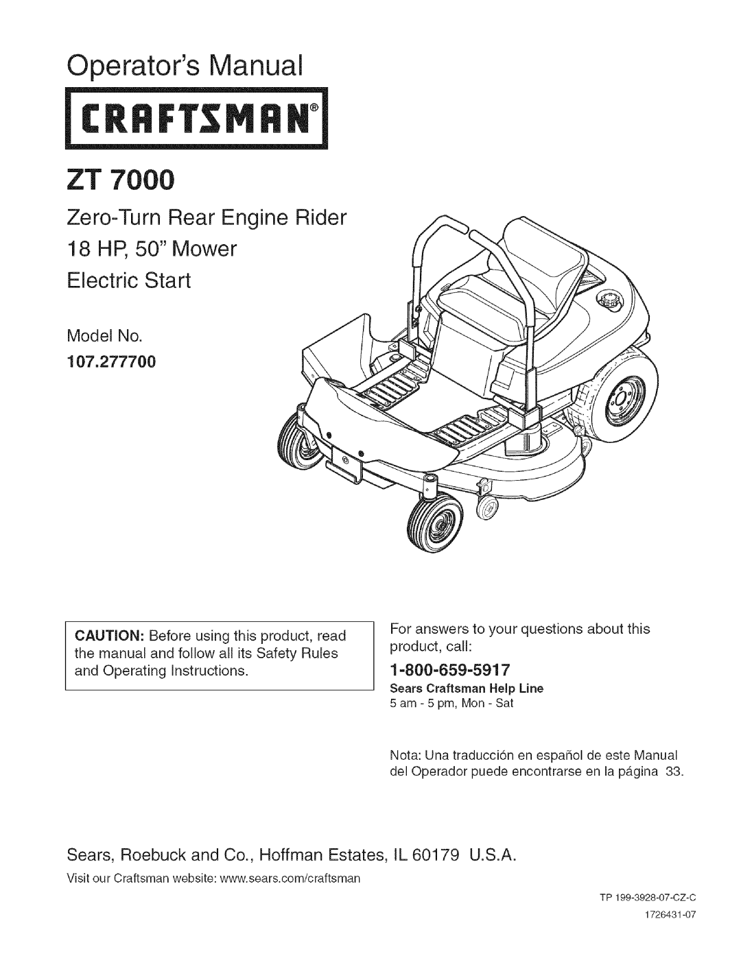 Craftsman 107.2777 manual Operators Manual ZT, Electric Start, Zero-TurnRear Engine Rider 18 HP, 50 Mower 