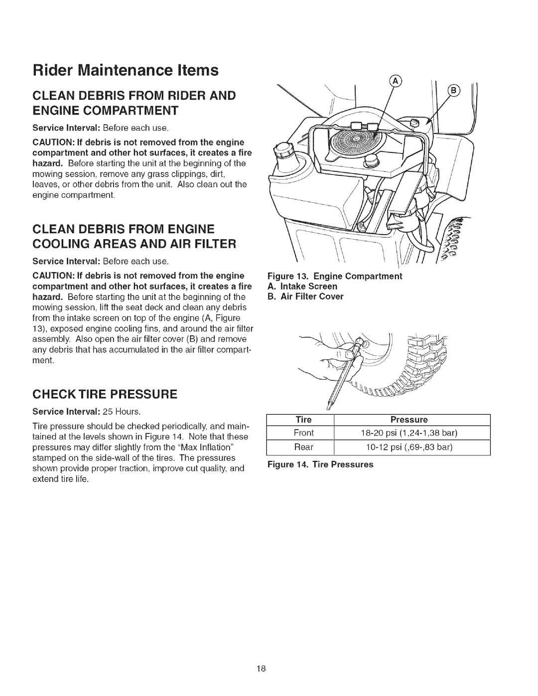 Craftsman 107.2777 manual Rider Maintenance items, Clean Debris From Rider And Engine Compartment, Checktire Pressure 