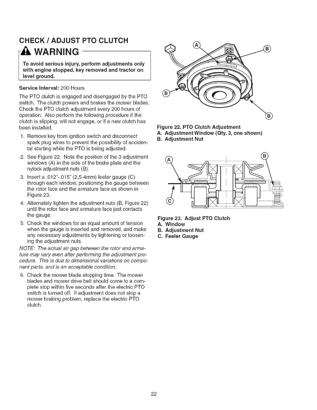 Craftsman 107.2777 manual •Ilwarning, Check / Adjust Pto Clutch, Service interval: 200 Hours, B.Adjustment Nut 