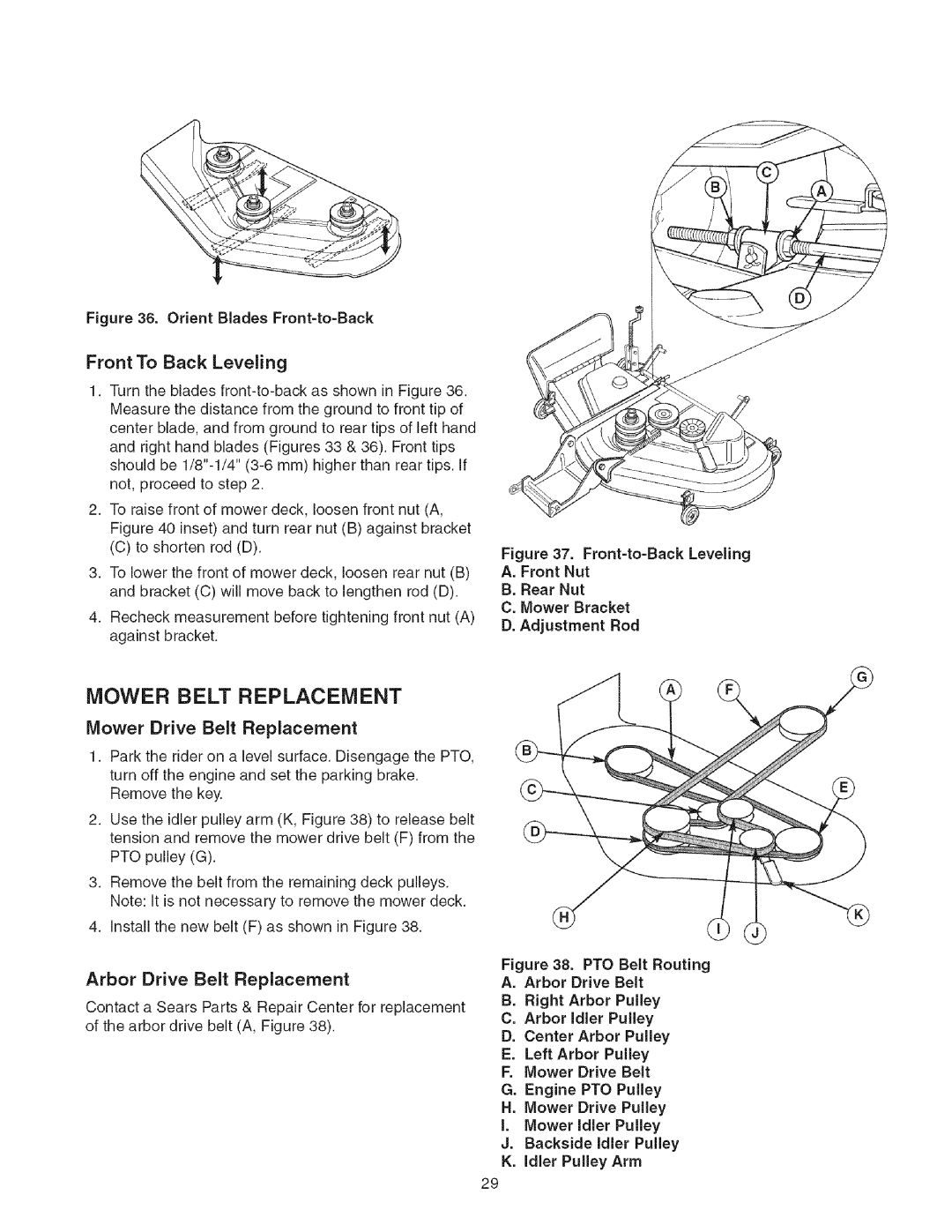 Craftsman 107.2777 manual Mower Belt Replacement, Front To Back Leveling, Orient Blades Front-to-Back, F. Mower Drive Belt 