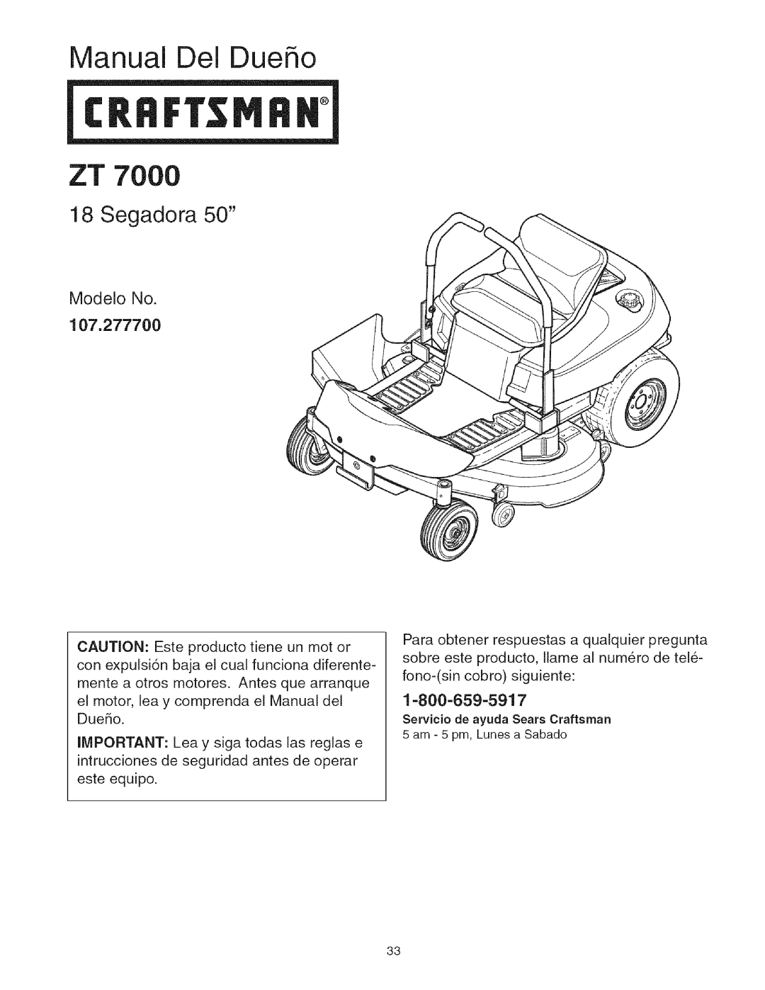 Craftsman manual Manual Del Dueho, Segadora, Modelo No 107.277700, ZT 7OOO 