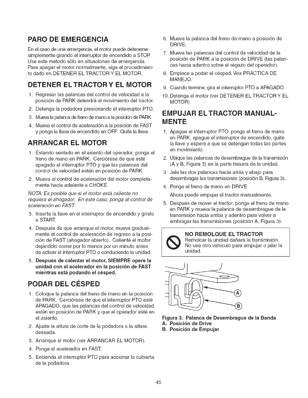 Craftsman 107.2777 Paro De Emergencia, Detener El Tractor Y El Motor, Arrancar El Motor, Empujar El Tractor Manual- Mente 