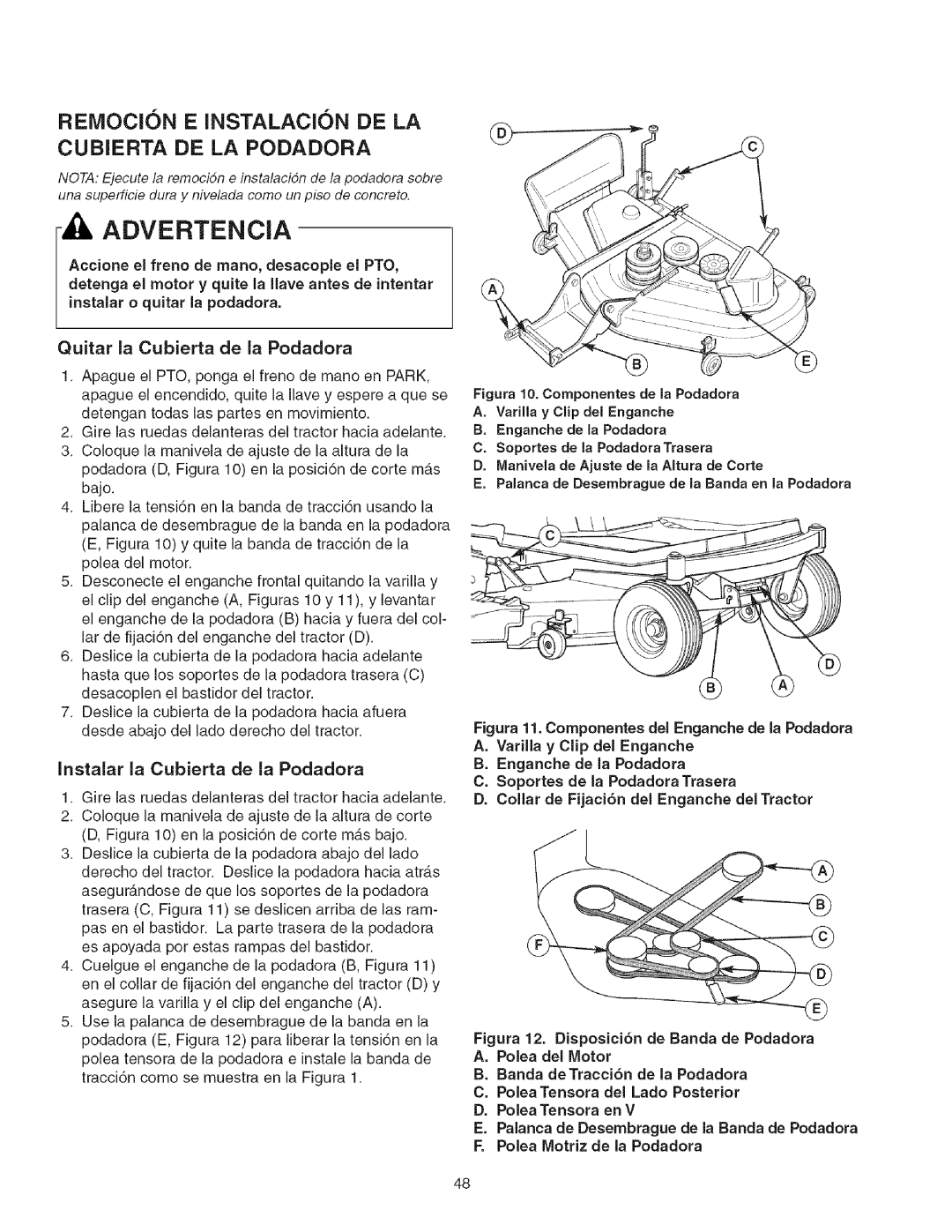 Craftsman 107.2777 Remocion E Instalacion De La, Cubierta De La Podadora, Advertencia, Quitar la Cubierta de la Podadora 