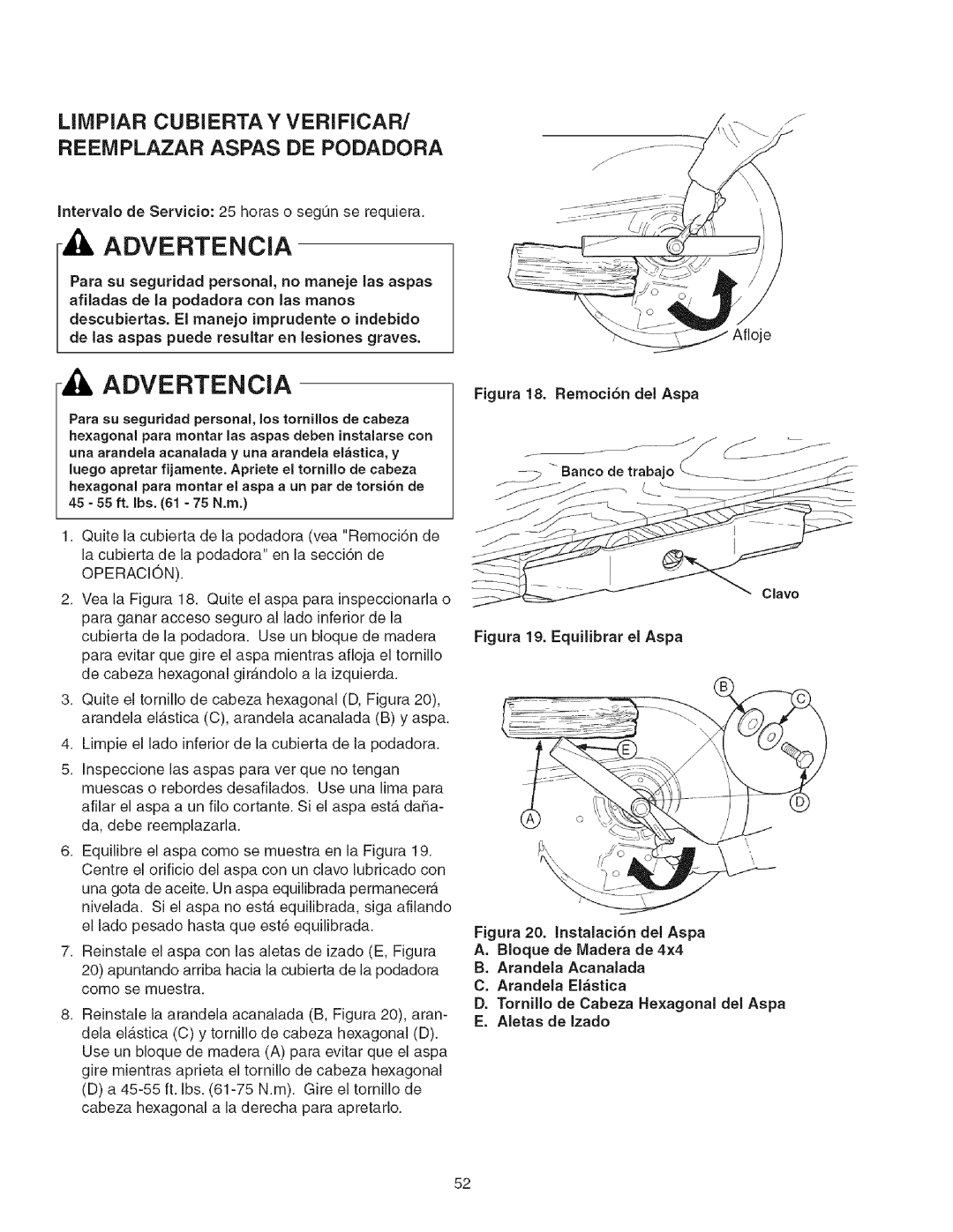 Craftsman 107.2777 manual Advertencia, Figura 20. Instalaci6n del Aspa 