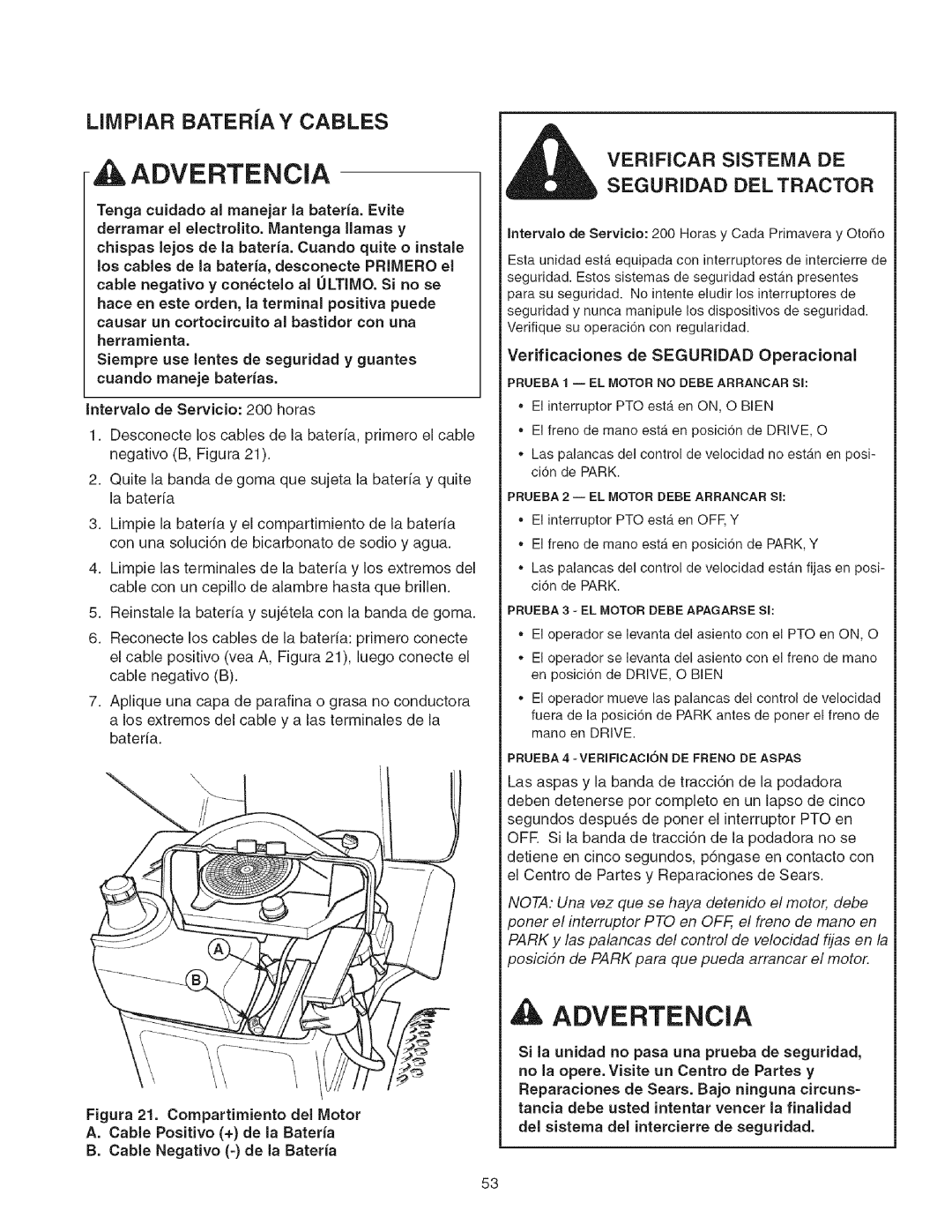 Craftsman 107.2777 manual Advertencia, LIMPIAR BATERiAY CABLES, VERiFICAR SISTEMA DE, Seguridad Del Tractor 