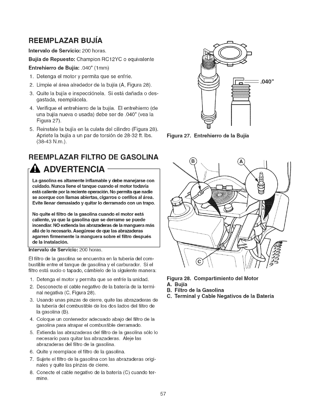 Craftsman 107.2777 REEIVIPLAZAR BUJiA, Reeiviplazar Filtro De Gasolina, Advertencia, Figura 27. Entrehierro de Ja Bujia 