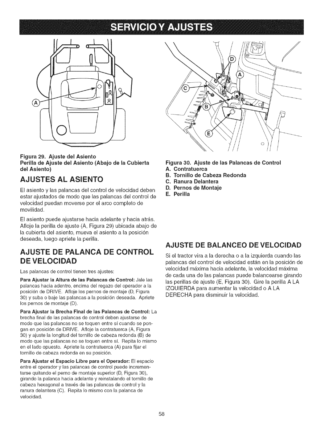 Craftsman 107.2777 manual Ajustes Al Asiento, Ajuste De Palanca De Control, Ajuste De Balanceo De Velocidad 