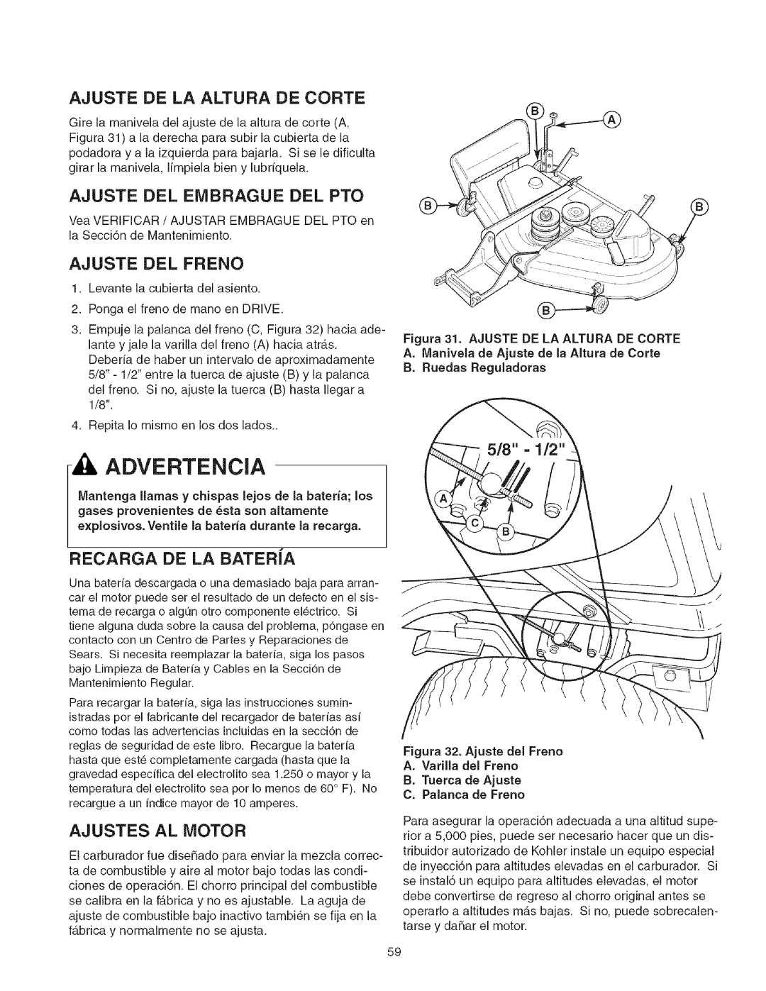 Craftsman 107.2777 manual A Advertencia, Ajuste De La Altura De Corte, Ajuste Del Embrague Del Pto, Ajuste Del Freno 