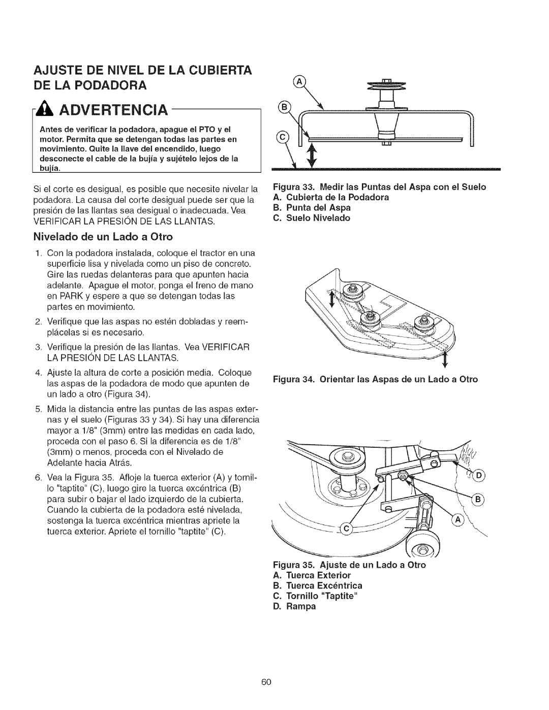 Craftsman 107.2777 manual Ajuste De Nivel De La Cubierta De La Podadora, Advertencia, Nivelado de un Lado a Otto 