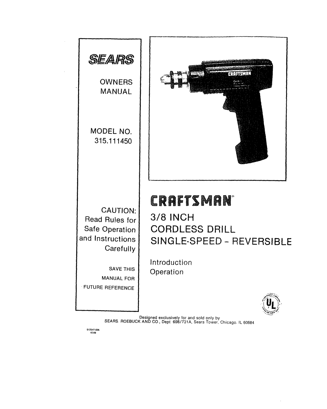 Craftsman 315.111450 owner manual Instructions SINGLE-SPEED- Reversible 