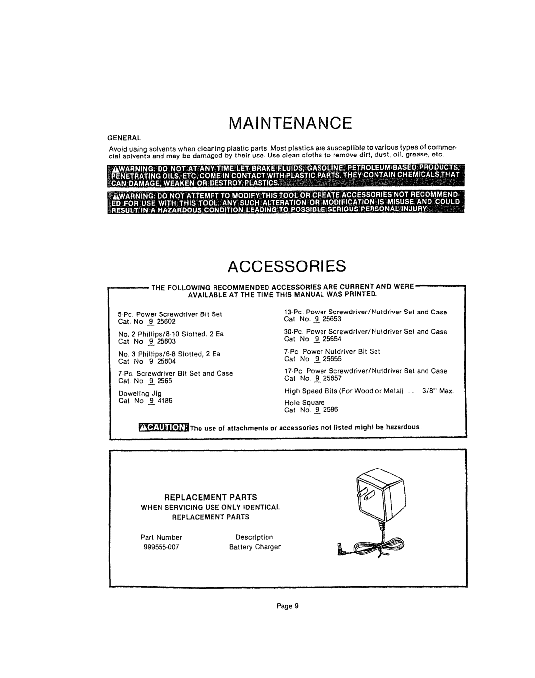 Craftsman 315.111450 owner manual Maintenance, Accessories, General, When Servicing USE only Identical Replacement Parts 