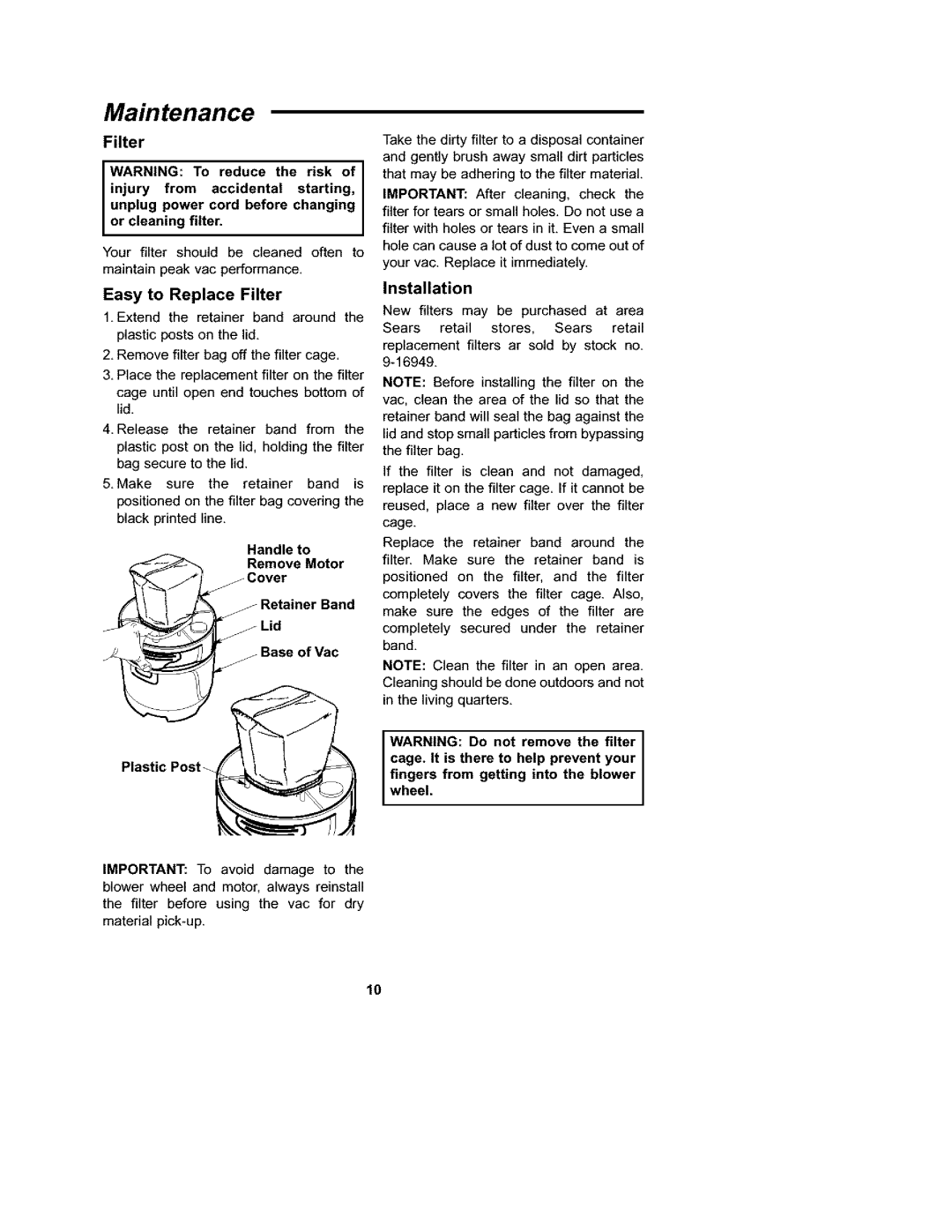 Craftsman 113.177135 owner manual Maintenance, Filter, Handle to Remove Motor Cover Retainer Band, Plastic Post 