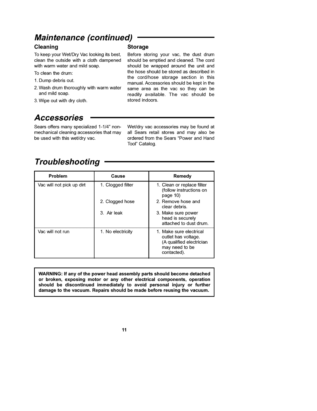 Craftsman 113.177135 owner manual Troubleshooting, Cleaning, Storage, ProblemCause, Remedy 