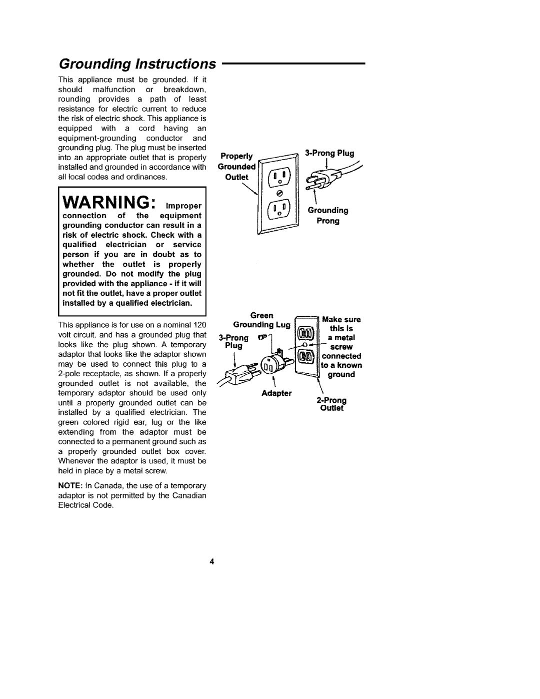 Craftsman 113.177135 owner manual Grounding Instructions, Prong Plug, Prong Outlet 