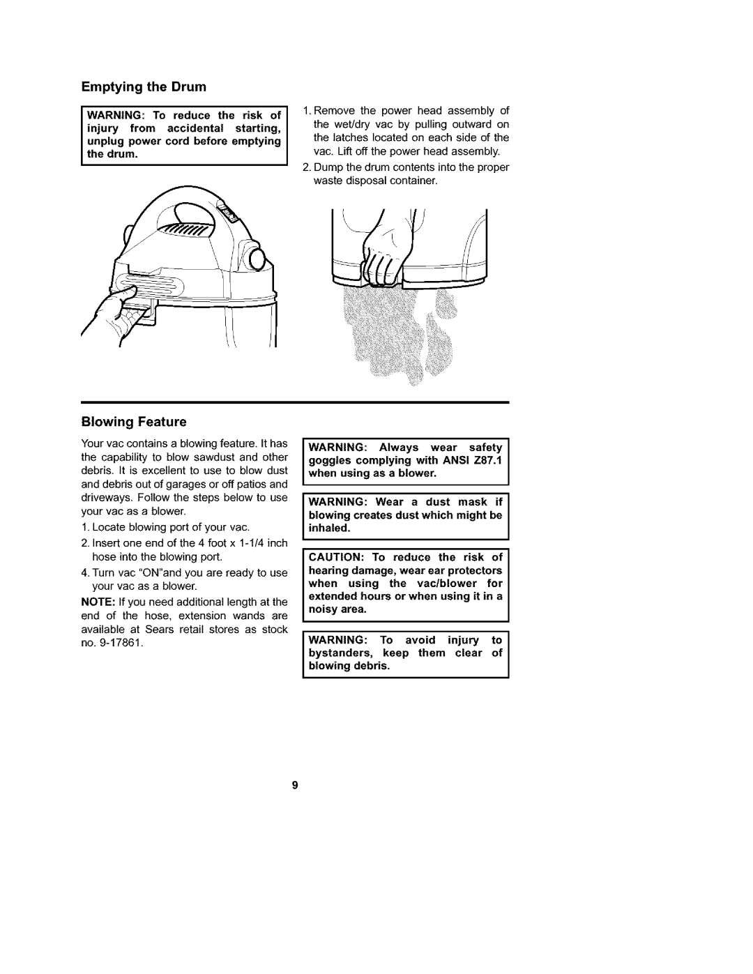 Craftsman 113.177135 owner manual Emptying the Drum, Blowing Feature 