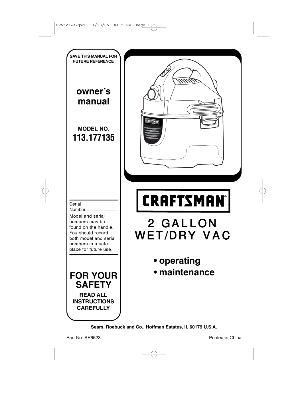 Craftsman 113.177135 owner manual Gallon WET/DRY VAC 